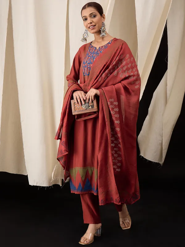 Maroon_Chanderi_Handblock_Print_Kurta_Set_with_Dupatta