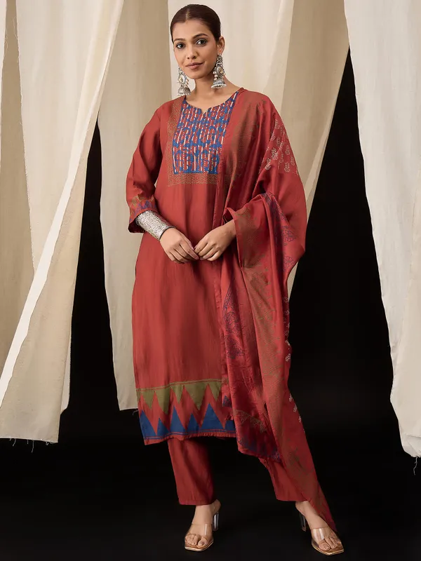 Maroon_Chanderi_Handblock_Print_Kurta_Set_with_Dupatta