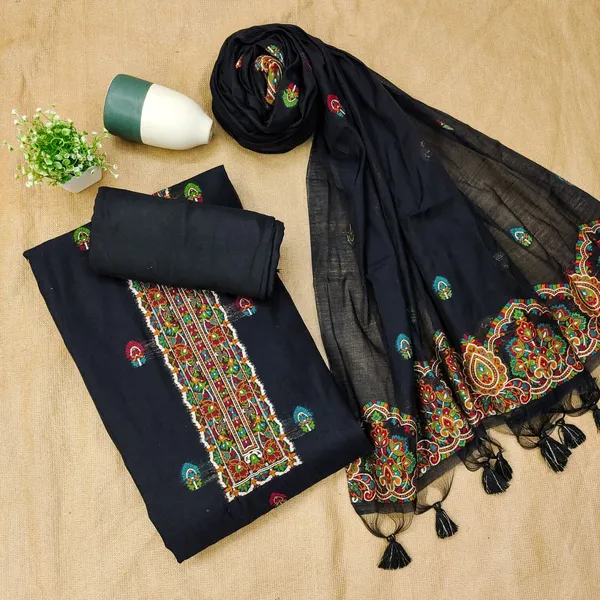 Elegant_Jet_Black_Pashmina_Weave_Muga_Cotton_Suit_Set
