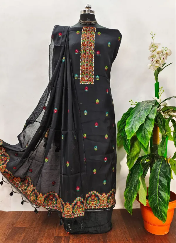 Elegant_Jet_Black_Pashmina_Weave_Muga_Cotton_Suit_Set
