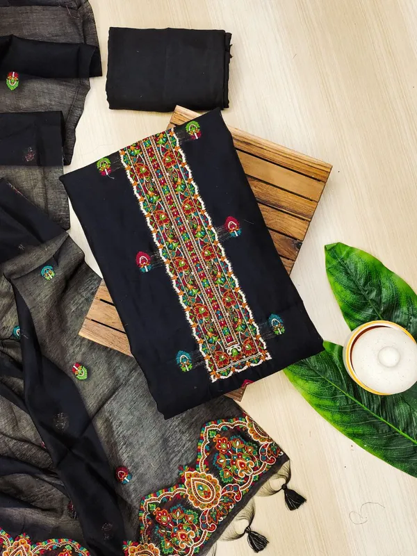 Elegant_Jet_Black_Pashmina_Weave_Muga_Cotton_Suit_Set