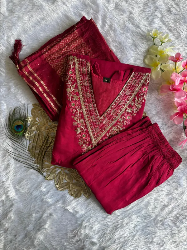 Maroon_Elegance_Embroidered_Roman_Silk_Kurti_Set_For_Women