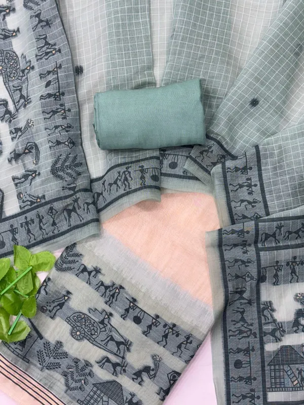Mint_Green_&_Charcoal_Warli_Weave_Muga_Cotton_Unstitched_Salwar_Suit