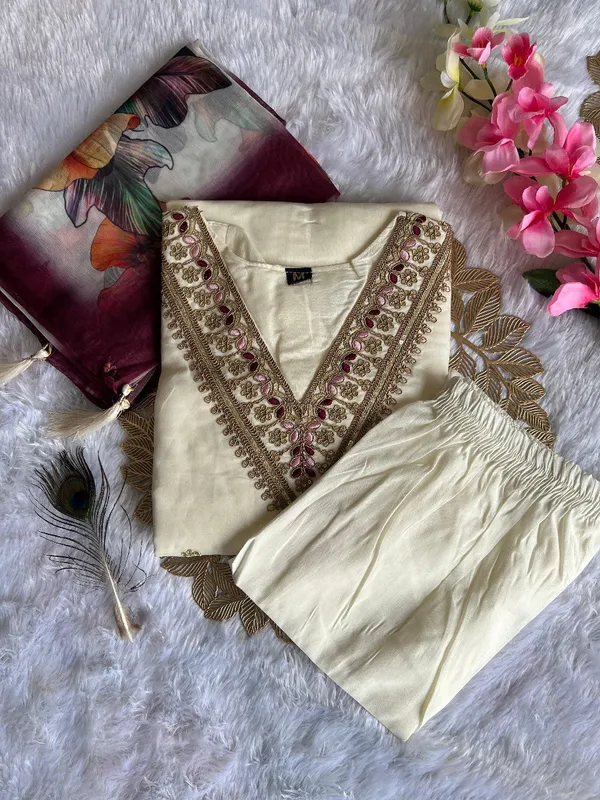 White_Embroidered_Kurta_Set_With_Floral_Chanderi_Dupatta_For_Women