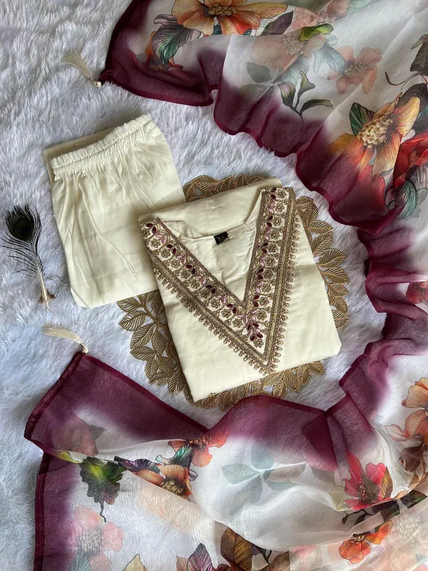 White_Embroidered_Kurta_Set_With_Floral_Chanderi_Dupatta_For_Women