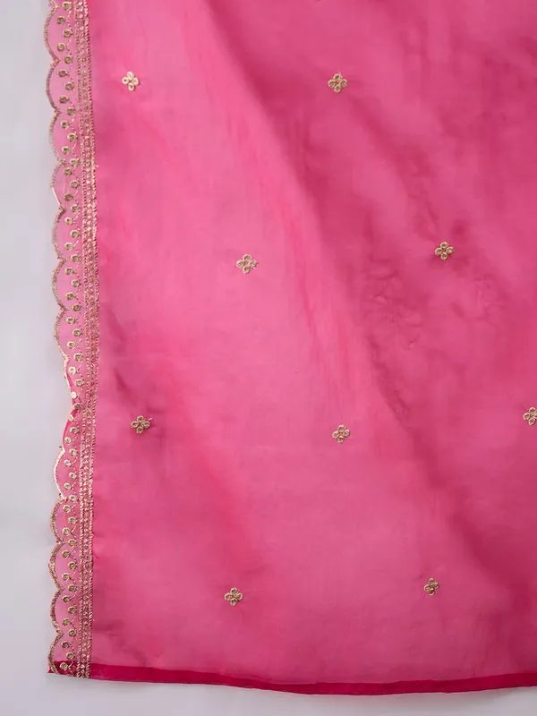Rani_Pink_Chanderi_Kurta_Set_with_Leheriya_Foil_Print_&_Organza_Dupatta
