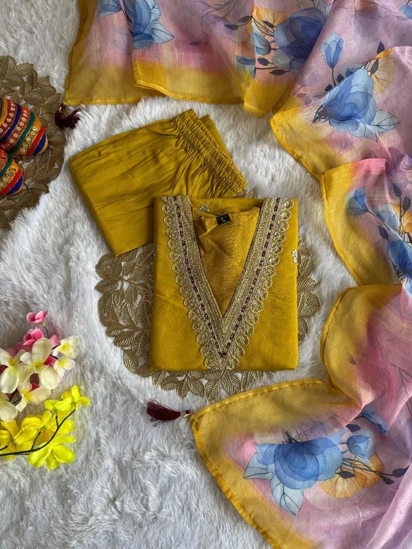 Yellow_Embroidered_Kurta_Set_With_Floral_Chanderi_Dupatta_For_Women