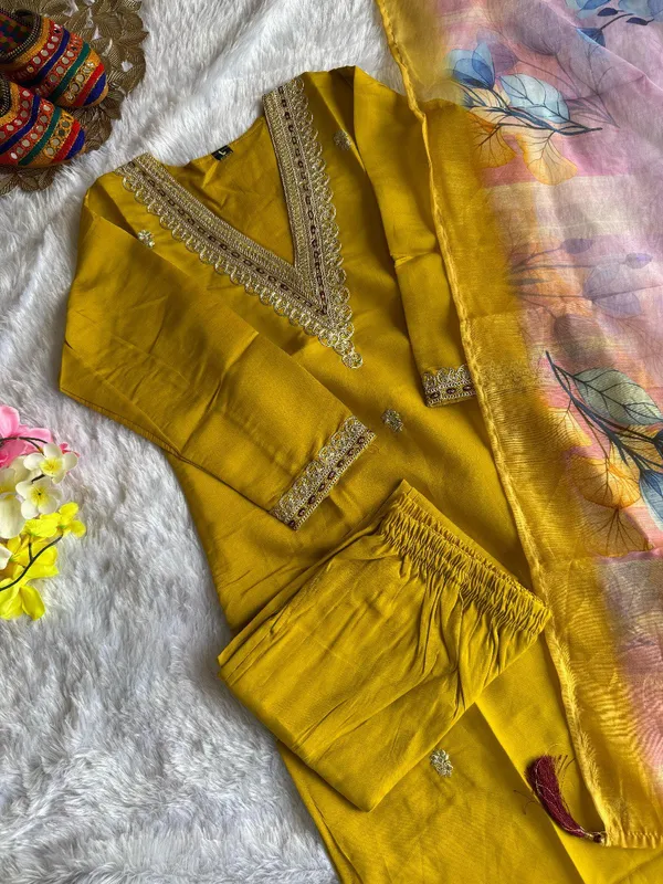 Yellow_Embroidered_Kurta_Set_With_Floral_Chanderi_Dupatta_For_Women