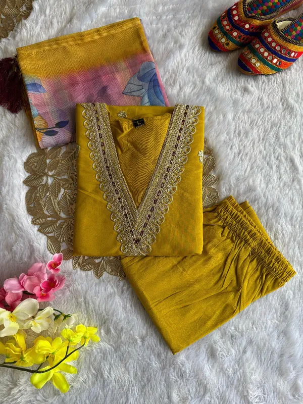 Yellow_Embroidered_Kurta_Set_With_Floral_Chanderi_Dupatta_For_Women