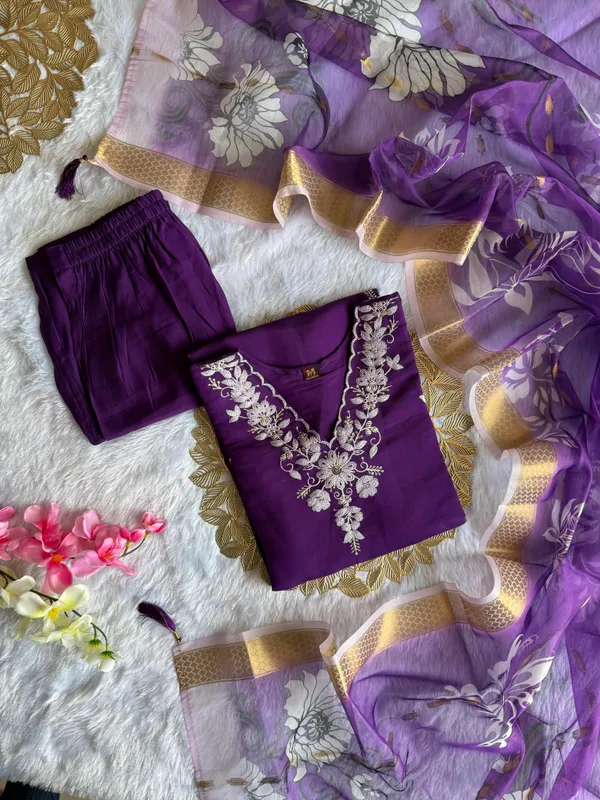 Royal_Purple_Roman_Silk_Embroidered_Kurti_Set_With_Organza_Dupatta_For_Women