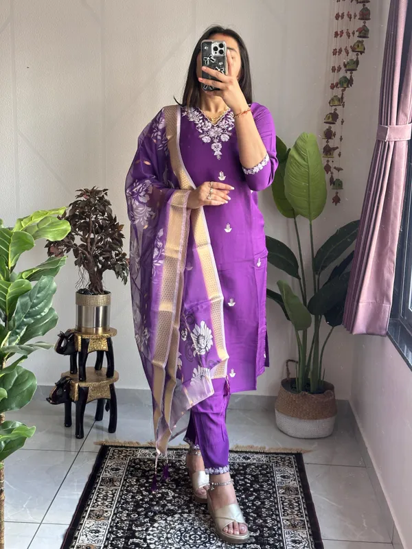 Royal_Purple_Roman_Silk_Embroidered_Kurti_Set_With_Organza_Dupatta_For_Women