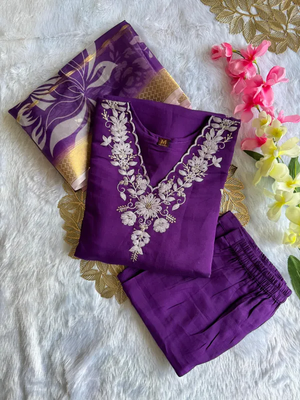 Royal_Purple_Roman_Silk_Embroidered_Kurti_Set_With_Organza_Dupatta_For_Women