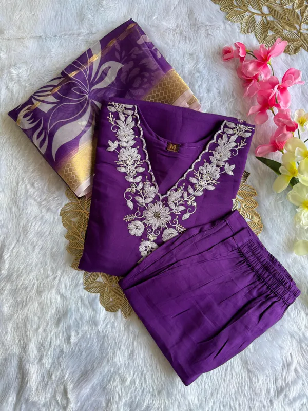 Royal_Purple_Roman_Silk_Embroidered_Kurti_Set_With_Organza_Dupatta_For_Women
