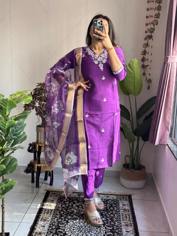 Royal_Purple_Roman_Silk_Embroidered_Kurti_Set_With_Organza_Dupatta_For_Women