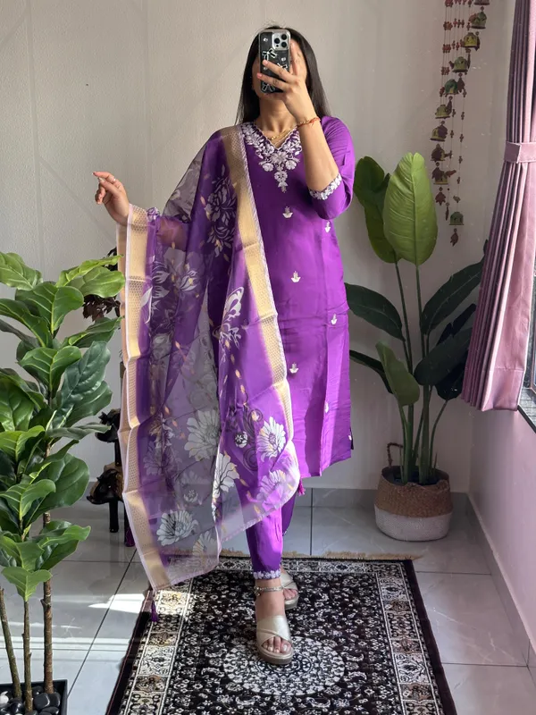 Royal_Purple_Roman_Silk_Embroidered_Kurti_Set_With_Organza_Dupatta_For_Women