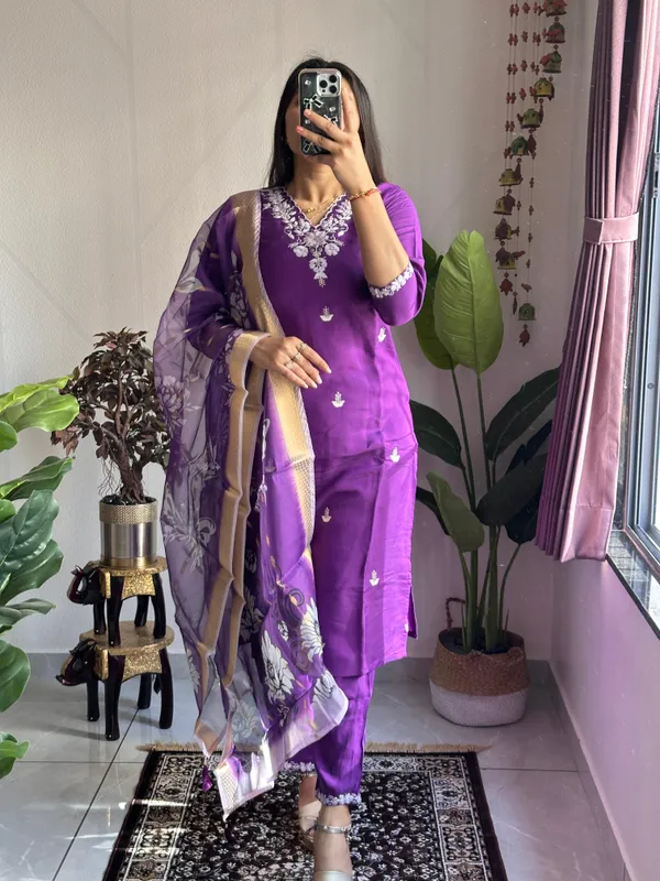 Royal_Purple_Roman_Silk_Embroidered_Kurti_Set_With_Organza_Dupatta_For_Women