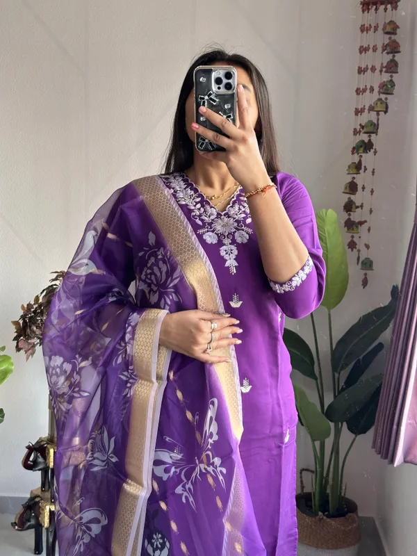 Royal_Purple_Roman_Silk_Embroidered_Kurti_Set_With_Organza_Dupatta_For_Women