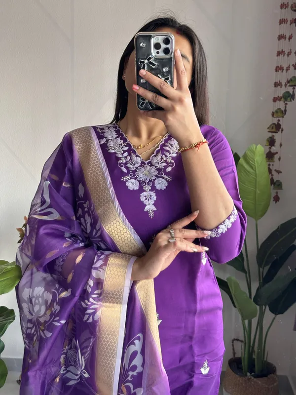 Royal_Purple_Roman_Silk_Embroidered_Kurti_Set_With_Organza_Dupatta_For_Women