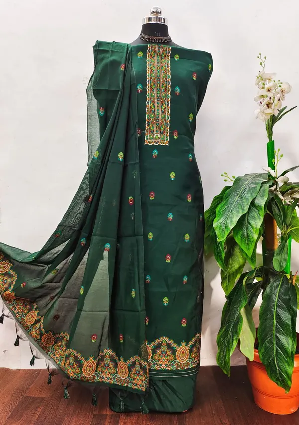 Emerald_Green_Pashmina_Weave_Muga_Cotton_Suit_Set