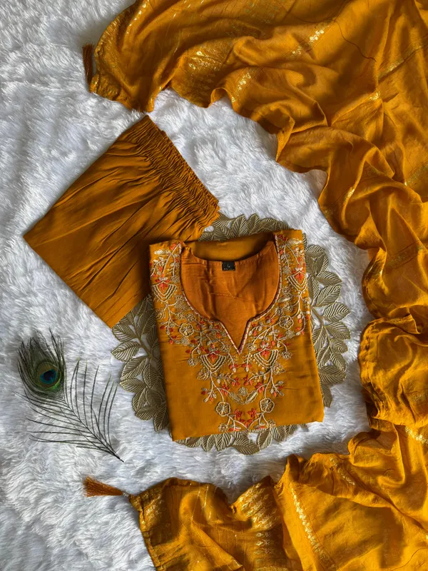 Mustard_Roman_Silk_Embroidered_Kurti_Set_With_Cotton_Silk_Dupatta_For_Women