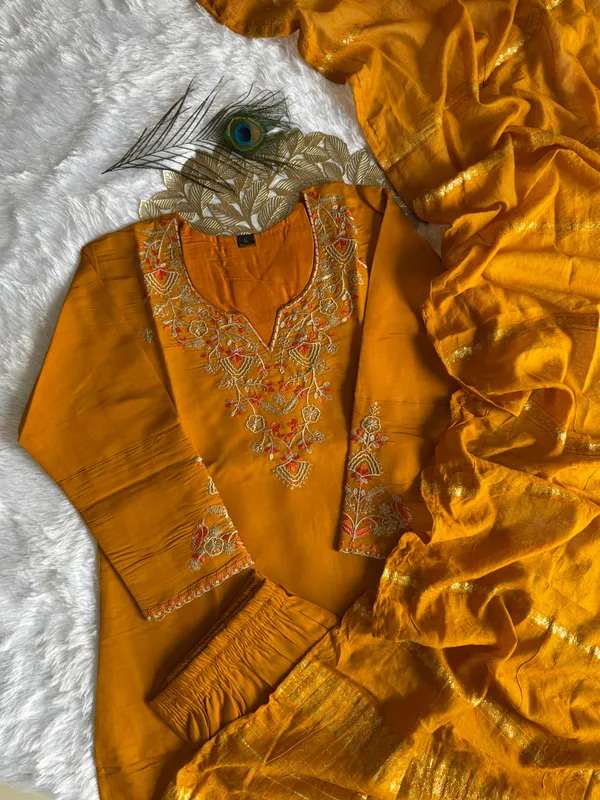 Mustard_Roman_Silk_Embroidered_Kurti_Set_With_Cotton_Silk_Dupatta_For_Women