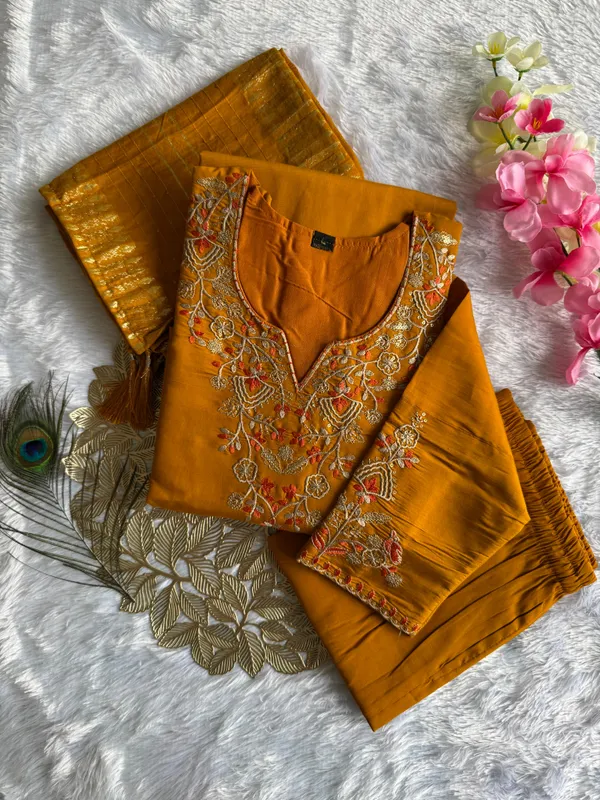 Mustard_Roman_Silk_Embroidered_Kurti_Set_With_Cotton_Silk_Dupatta_For_Women