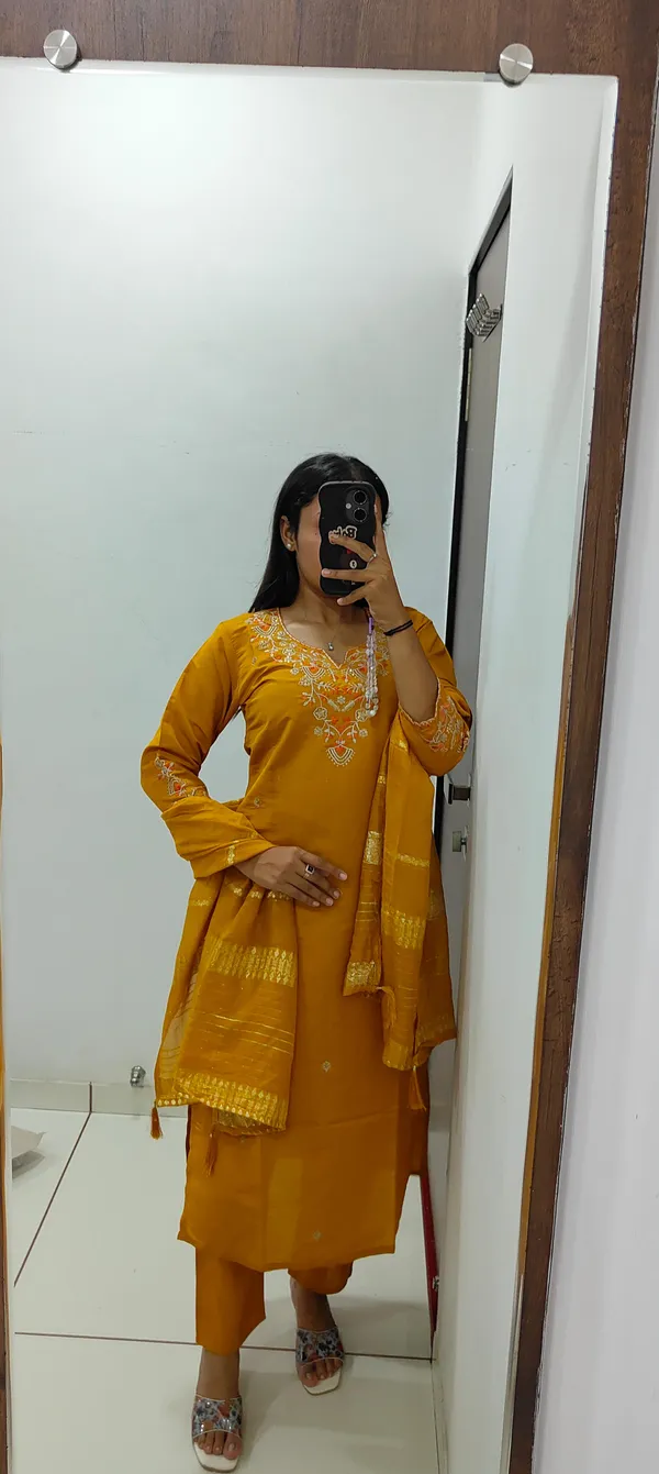 Mustard_Roman_Silk_Embroidered_Kurti_Set_With_Cotton_Silk_Dupatta_For_Women