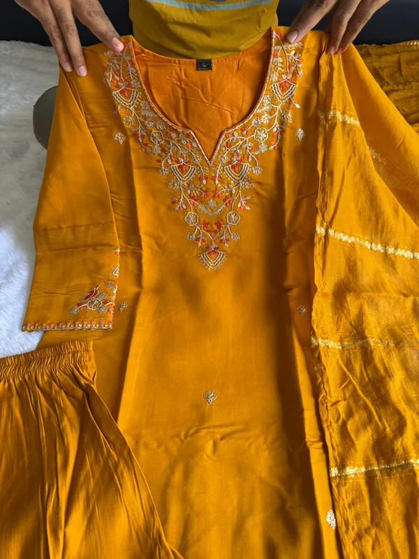 Mustard_Roman_Silk_Embroidered_Kurti_Set_With_Cotton_Silk_Dupatta_For_Women