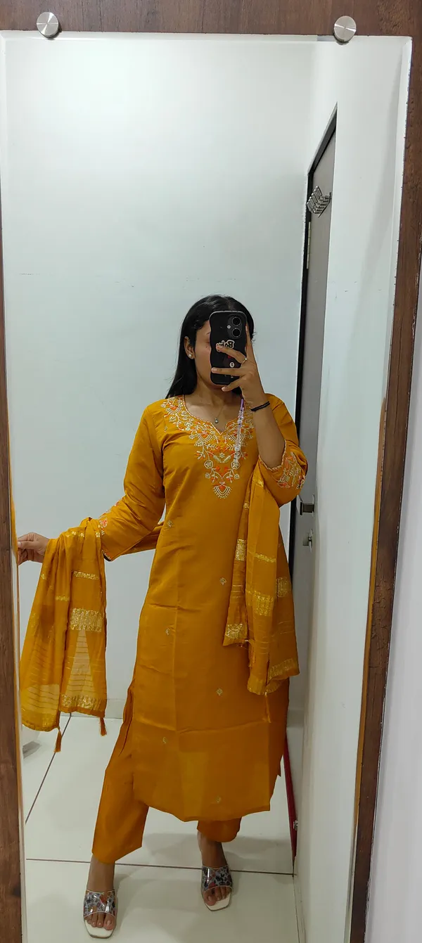 Mustard_Roman_Silk_Embroidered_Kurti_Set_With_Cotton_Silk_Dupatta_For_Women