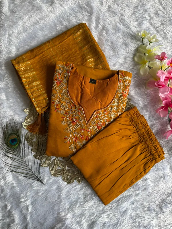 Mustard_Roman_Silk_Embroidered_Kurti_Set_With_Cotton_Silk_Dupatta_For_Women