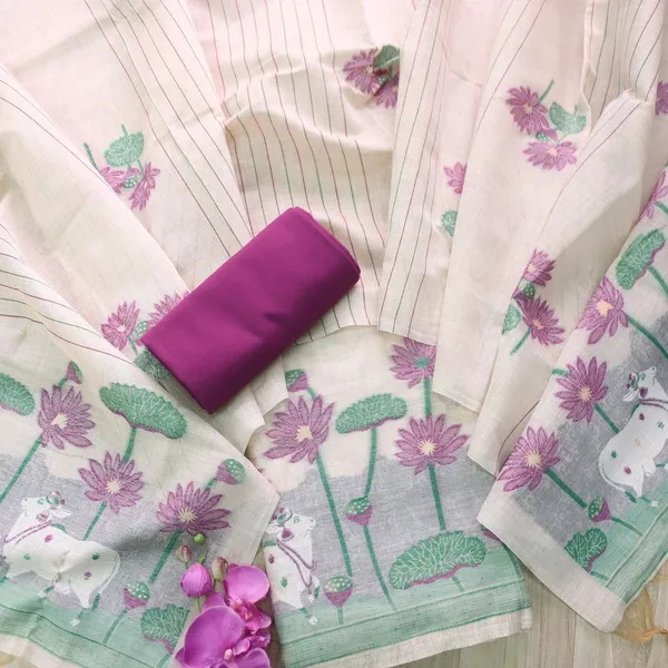Ivory-Magenta_Lotus_Bloom_Muga_Cotton_Suit_Set