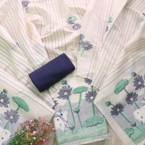 Ivory-Navy_Lotus_Bloom_Muga_Cotton_Suit_Set