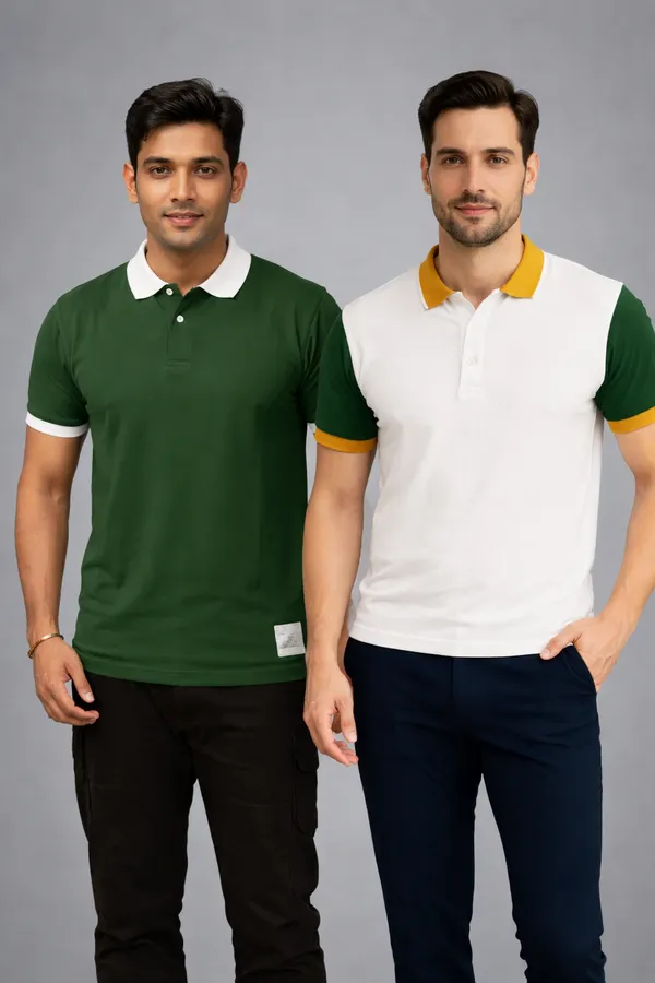 Pack_of_2_Green_&_White_Cotton_Short_Sleeve_Polo_T_Shirt_|_For_Men