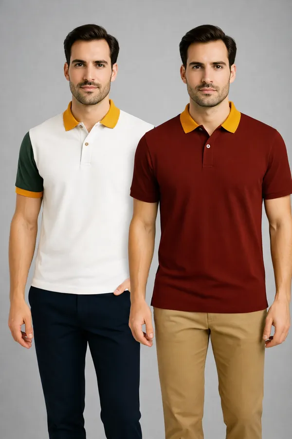 Pack_of_2_White_&_Burgundy_Cotton_Short_Sleeve_Polo_T_Shirt_|_For_Men