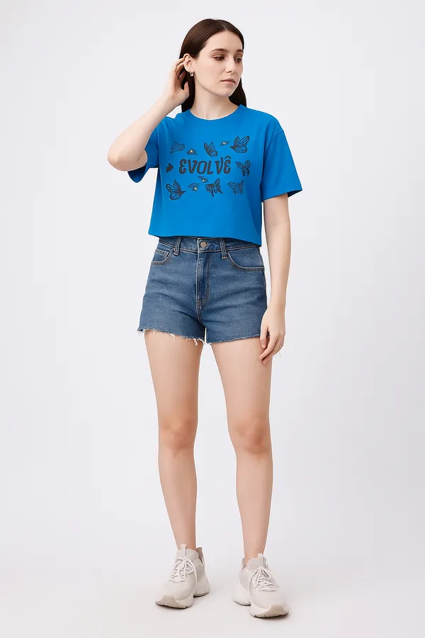 Petrol_Blue_Cotton_Printed_Crew_Neck_Crop_T_Shirt_|_For_Women