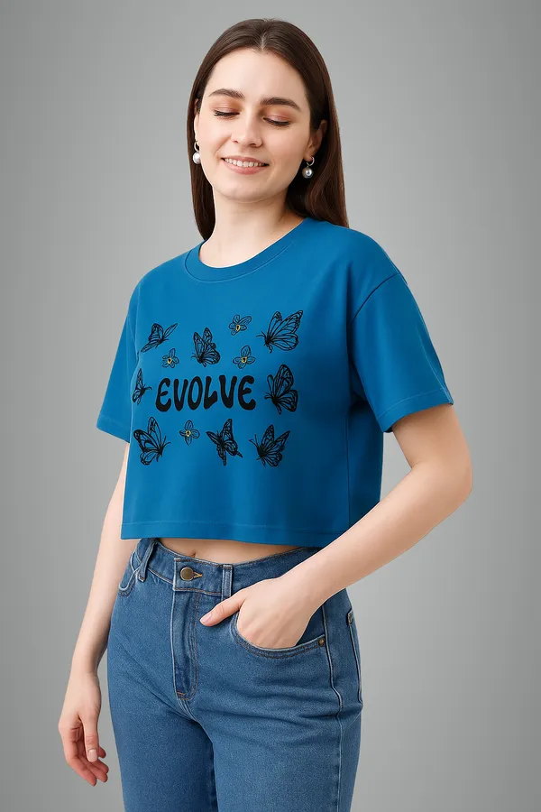 Petrol_Blue_Cotton_Printed_Crew_Neck_Crop_T_Shirt_|_For_Women