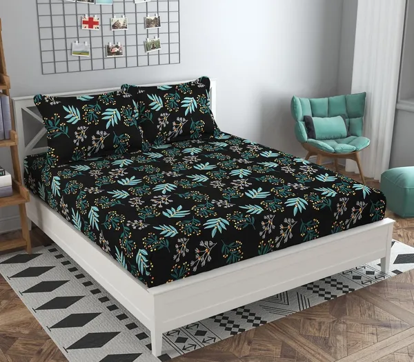 Black_4D_Floral_Glace_Cotton_Flat_Double_Bedsheet_(Size_Bedsheet_90x90_inch_with_2_Pillow_cover)