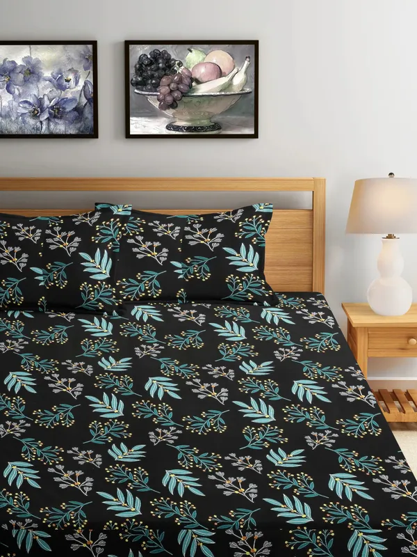 Black_4D_Floral_Glace_Cotton_Flat_Double_Bedsheet_(Size_Bedsheet_90x90_inch_with_2_Pillow_cover)