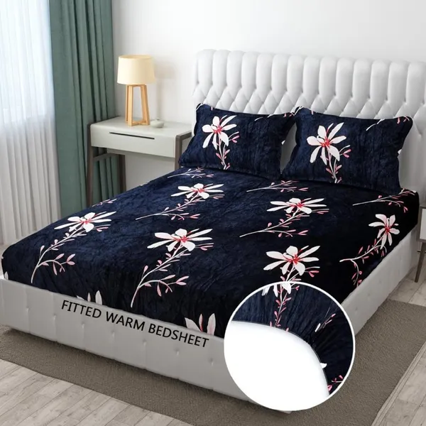 Blue_Warm_Double_Bed_Woollen_&_Velvet_Fitted_Bedsheet