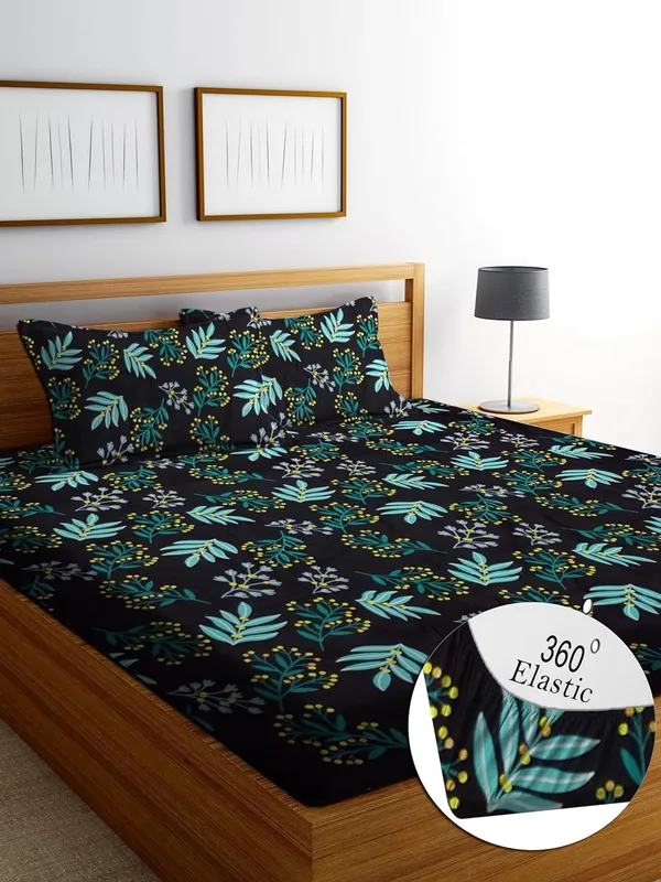 Black_Green_210_Tc_Glace_Cotton_Self_Design_Fitted_(Elastic)_Double_Bedsheet_(Pack_Of_1)