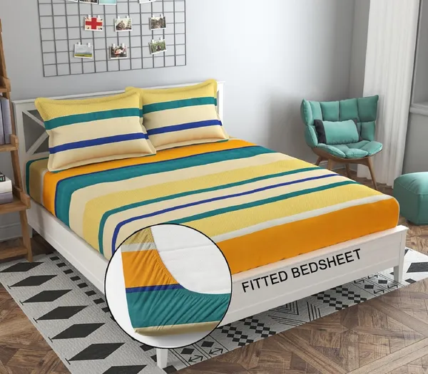 Green_&_Yellow_210_Tc_Glace_Cotton_Self_Design_Fitted_(Elastic)_Bedsheet_(Pack_Of_1)