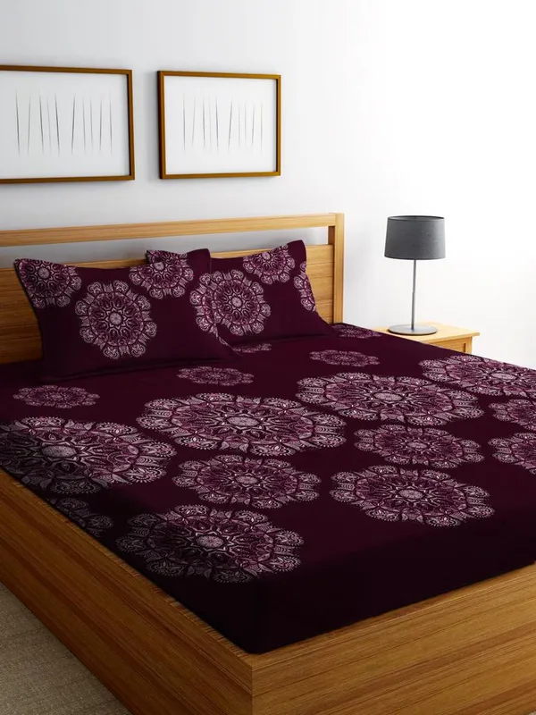 Wine_210_Tc_Glace_Cotton_Self_Design_Fitted_(Elastic)_Bedsheet_(Pack_Of_1)