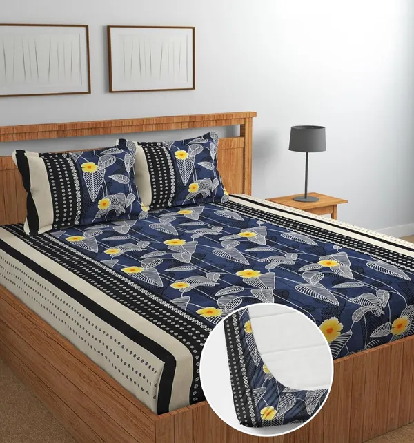 White_&_Blue_210_Tc_Glace_Cotton_Self_Design_Fitted_(Elastic)_Bedsheet_(Pack_Of_1)
