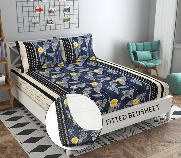 White_&_Blue_210_Tc_Glace_Cotton_Self_Design_Fitted_(Elastic)_Bedsheet_(Pack_Of_1)