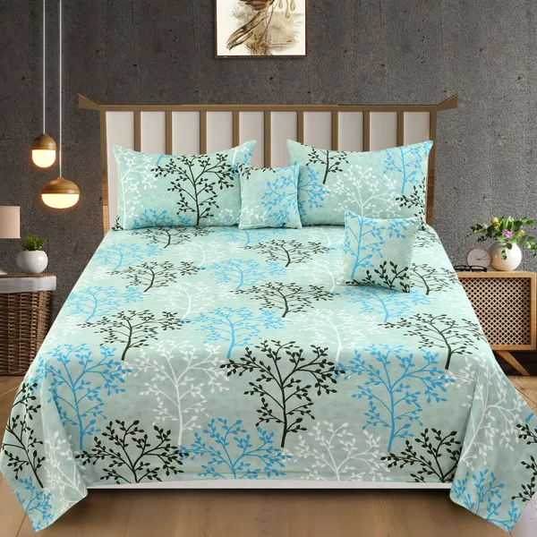 King_Flat_230_TC_Floral_Bedsheet__(Pack_of_1,_Green_(1_Bedsheet_+_2_Pillow_Covers_+_2_Cushion_Cover_with_filler)