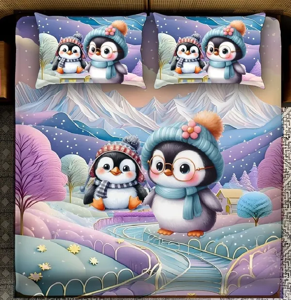 Purple_7D_Pegwin_Digital_Glace_Cotton__King_Size_Flat_Double_Bedsheet_(Size_Bedsheet_90x100_inch_with_2_Pillow_cover)