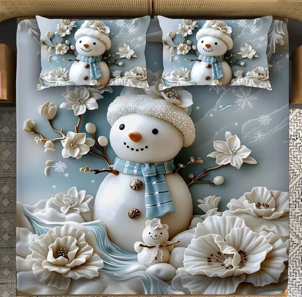 White_7D_Snowman_Digital_Glace_Cotton__King_Size_Flat_Double_Bedsheet_(Size_Bedsheet_90x100_inch_with_2_Pillow_cover)