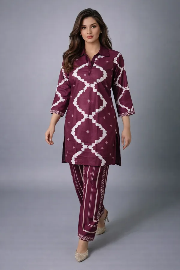 Royal_Maroon_Ikat_Rayon_Co-Ord_Set_with_Free_Matching_Scrunchies