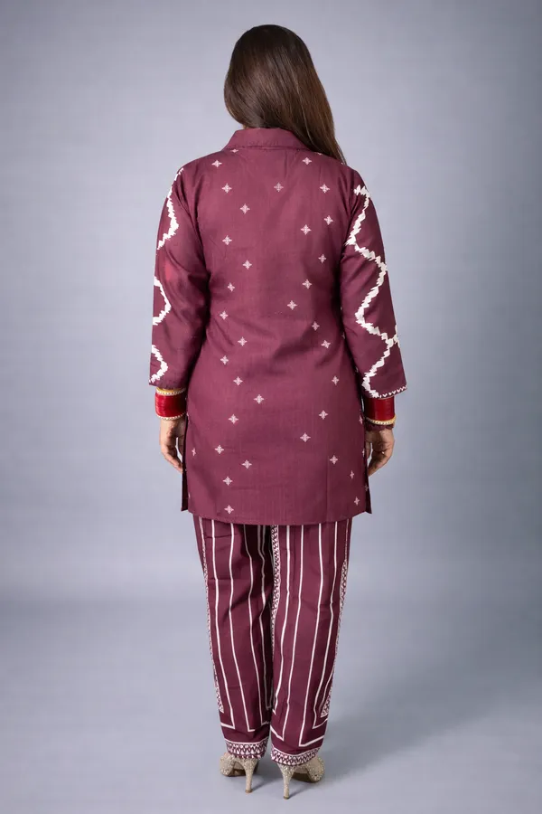 Royal_Maroon_Ikat_Rayon_Co-Ord_Set_with_Free_Matching_Scrunchies
