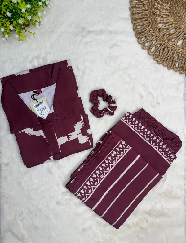 Royal_Maroon_Ikat_Rayon_Co-Ord_Set_with_Free_Matching_Scrunchies